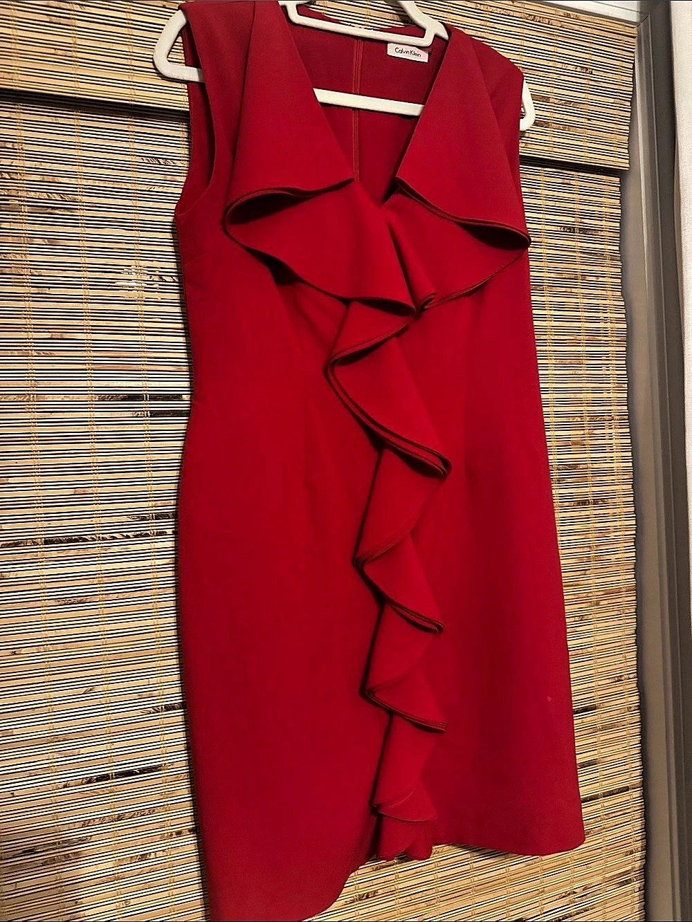 Classy Calvin Klein Red Sleeveless Cascade Ruffle V-Neck Dress - Holiday Dress